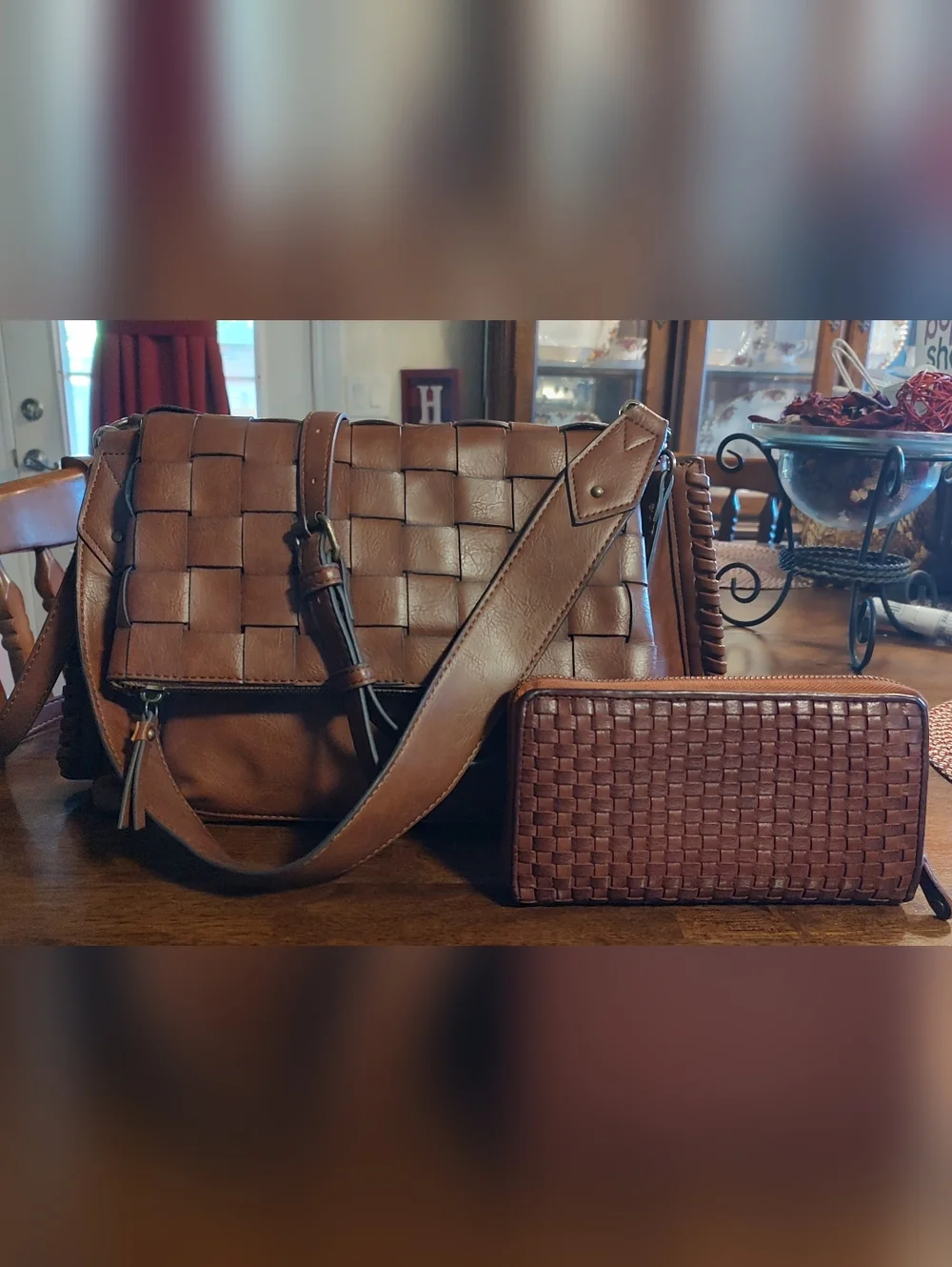 Woven Leather Messenger Bag with Matching Wallet - Brown